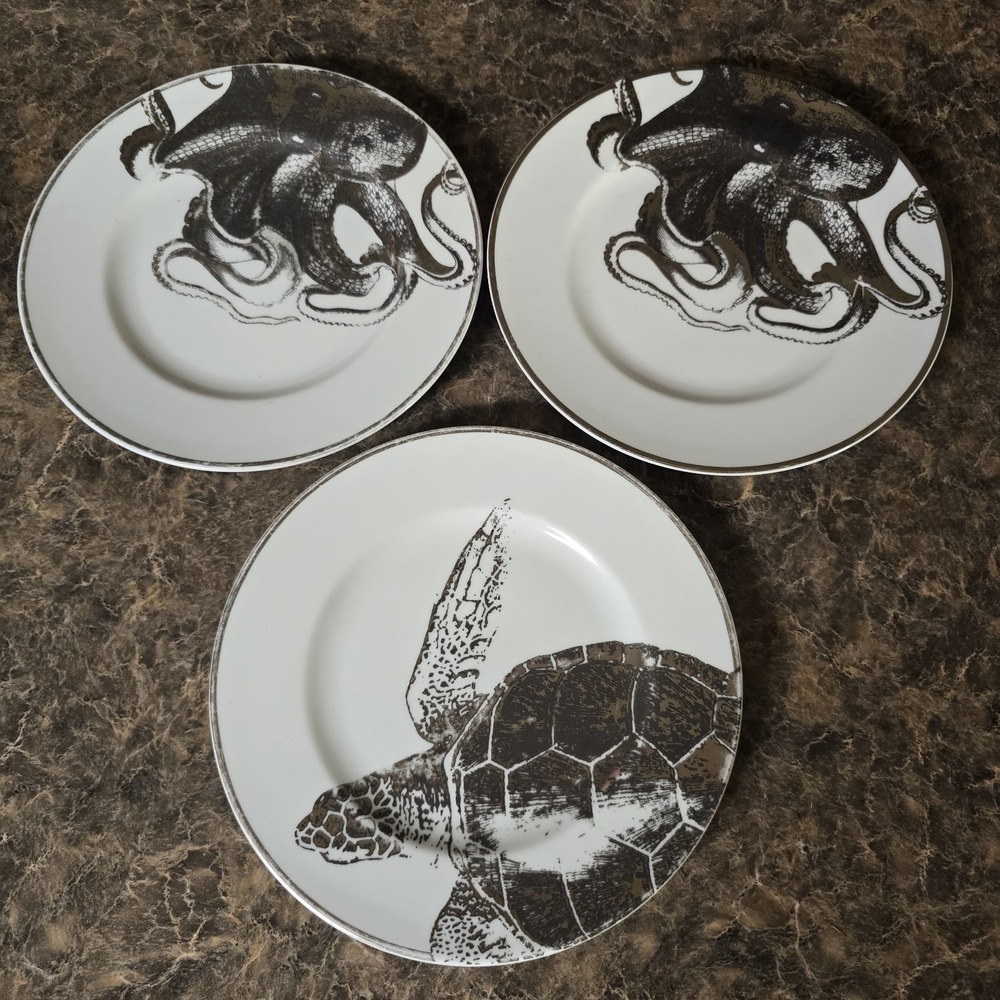 Set 3 ZGallerie Delfina Salad Plate Platinum Sea life Turtle Octopus modern glam